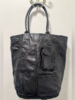 Vintage Black Leather Patchwork Tote Bag - Women's Shoulder Bag
